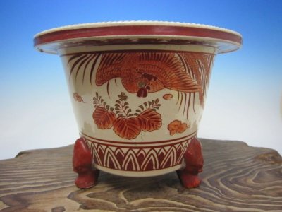 画像1: Ｈ-50　日本　京焼　「赤絵鳳凰鬼面足丸」　美術鉢