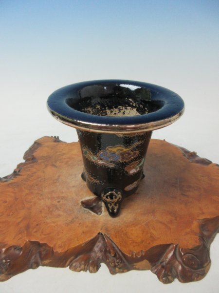 画像1: Ｈ-1　京楽焼　新品　「亘・華作 加茂黒 瑞雲」　万年青鉢　3.3号 (1)