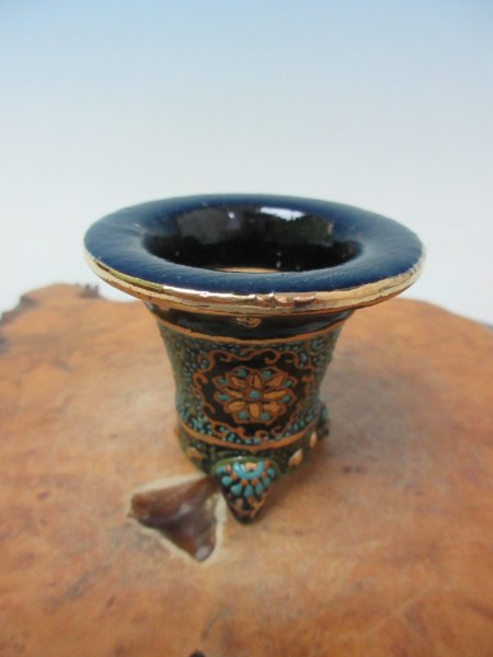 画像1: Ｈ-25　京楽焼　新品　「ミニ鉢　太鼓胴唐草古代模様」　万年青鉢　2.0号 (1)