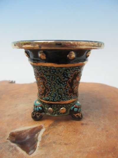画像2: Ｈ-25　京楽焼　新品　「ミニ鉢　太鼓胴唐草古代模様」　万年青鉢　2.0号