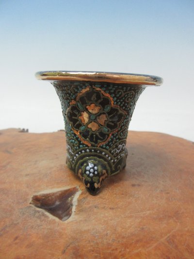 画像1: Ｈ-26　京楽焼　新品　「ミニ鉢　唐草古代模様」　万年青鉢　2.0号