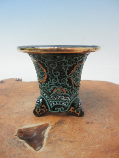 画像2: Ｈ-28　京楽焼　新品　「ミニ鉢　梅花作　唐草古代模様」　万年青鉢　2.0号