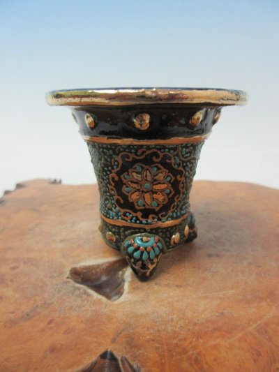 画像1: Ｈ-25　京楽焼　新品　「ミニ鉢　太鼓胴唐草古代模様」　万年青鉢　2.0号