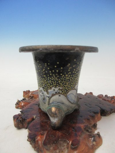 画像1: Ｈ-35　京楽焼　古鉢　「加茂黒 波飛沫」　美術鉢　3.3号