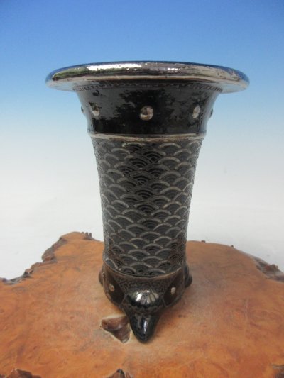 画像1: Ｈ-41　京楽焼　新品　「愛楽園製 プラチナ太鼓胴青海波」　春蘭鉢　3.5号