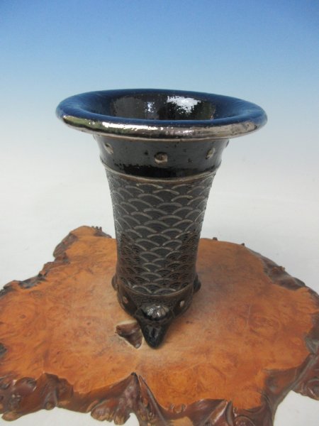 画像1: Ｈ-41　京楽焼　新品　「愛楽園製 プラチナ太鼓胴青海波」　春蘭鉢　3.5号 (1)
