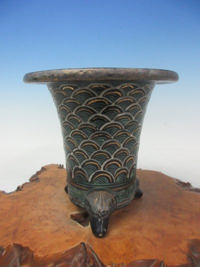 画像1: Ｈ-50　京楽焼　古鉢　「加茂黒 青海波」　美術鉢　4.0号