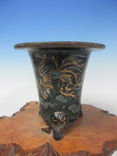 画像1: Ｈ-49　京楽焼　古鉢　「加茂黒 鳳凰」　美術鉢　4.5号
