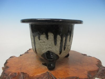 画像1: Ｈ-52　京楽焼　古鉢　「加茂黒 縄縁釉鉢」　美術鉢　4.5号