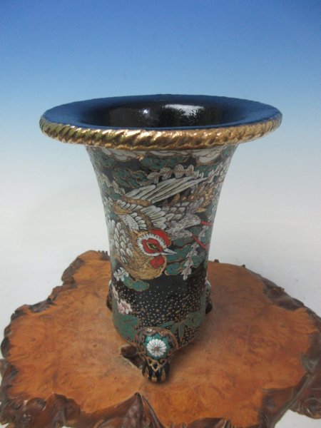 画像1: Ｈ-55　京楽焼　新品　「布施覚氏作 縄縁鳳凰」　美術鉢　3.8号 (1)
